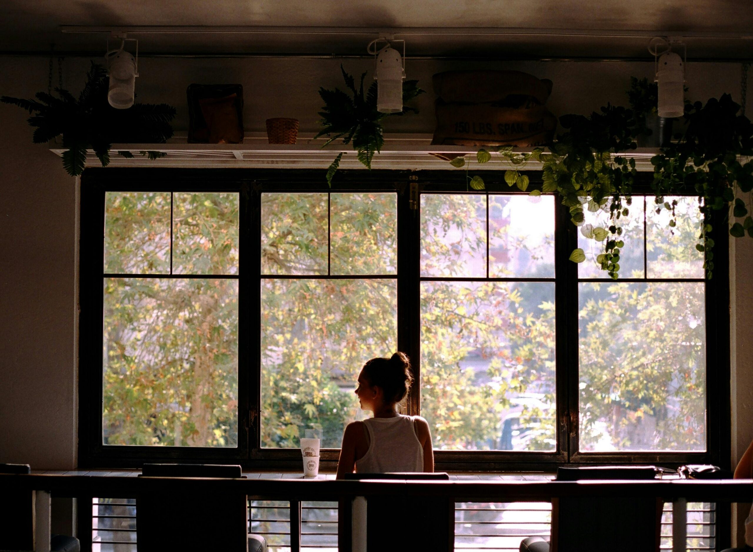 Woman looking out window pondering creative business shift.